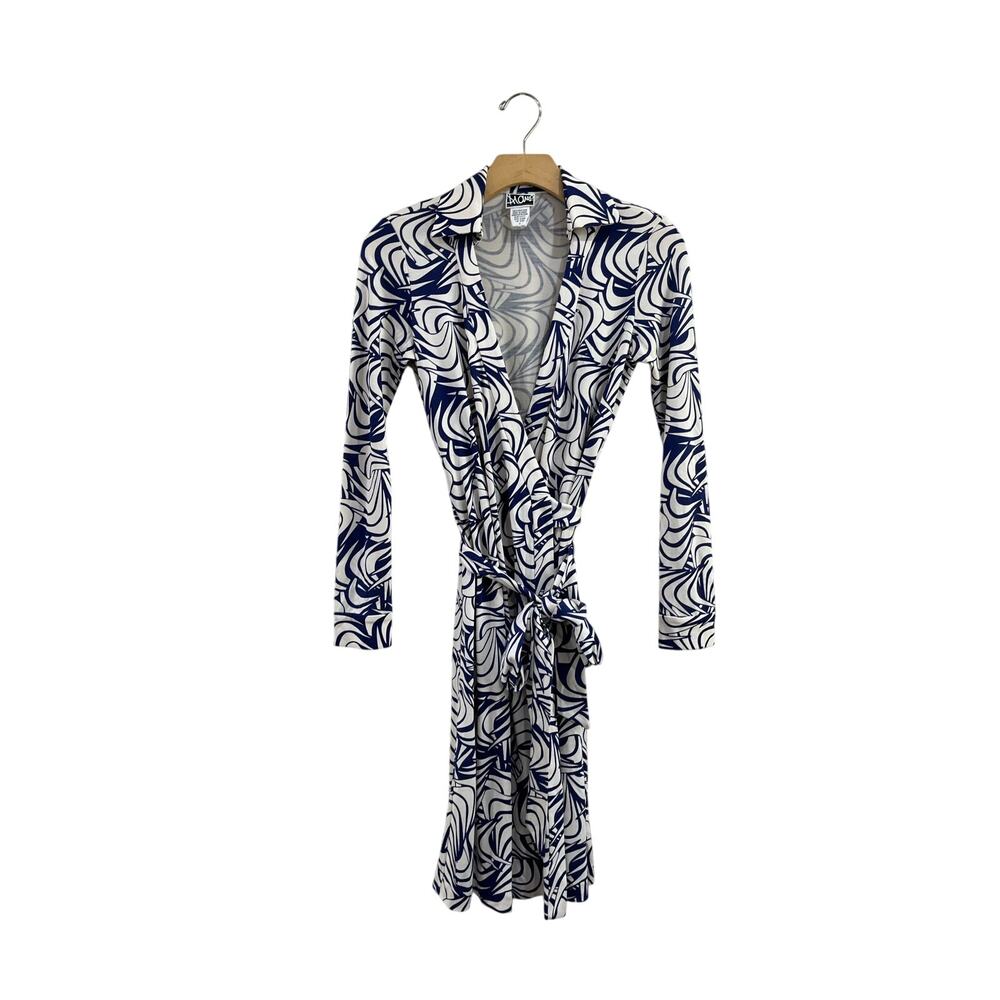 Vintage DVF Jeanne Silk‎ Wrap Dress Blue White Print Designer Mini Size 0
